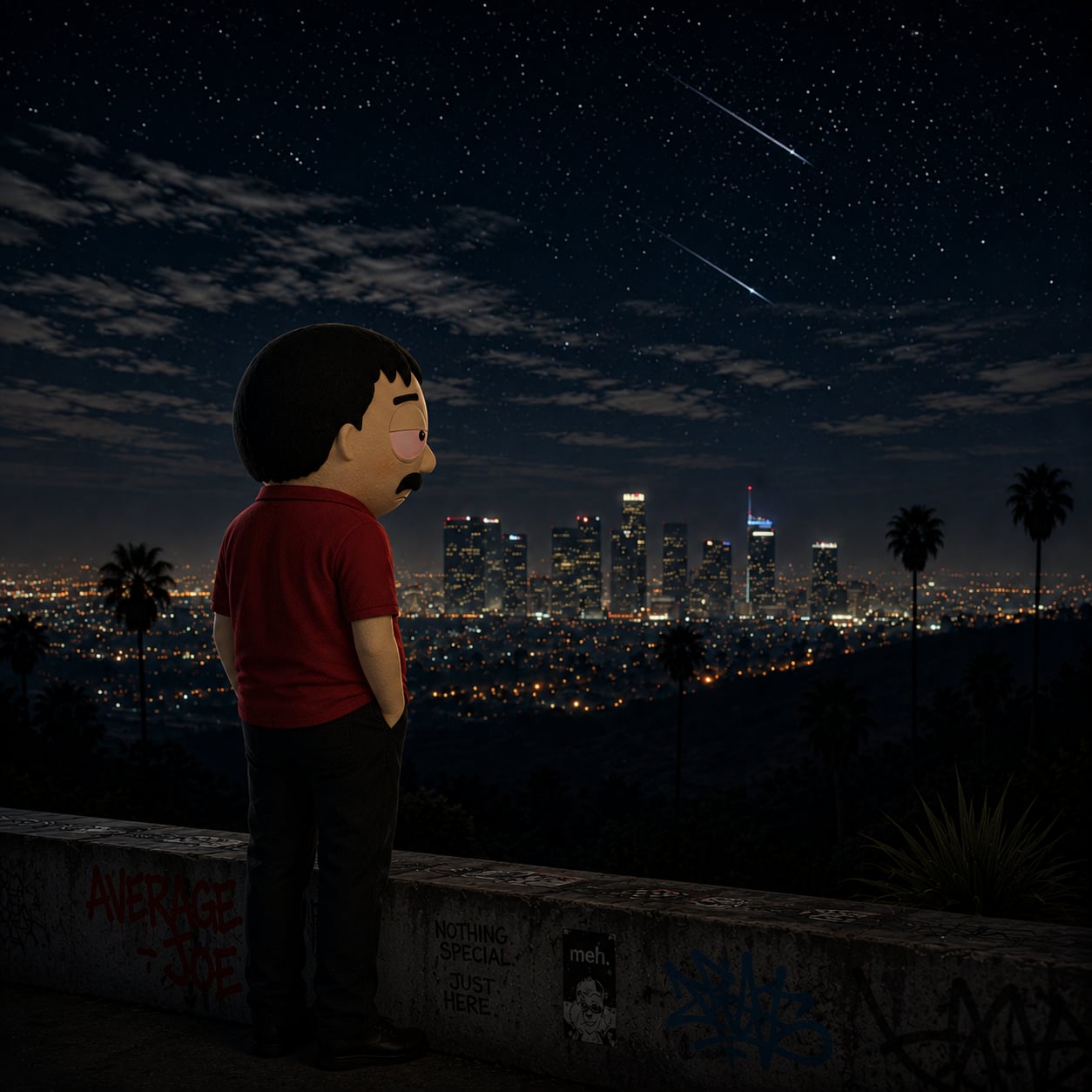 Average Joe standing on a hill above a city at night